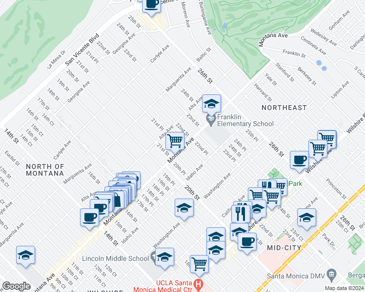 map of restaurants, bars, coffee shops, grocery stores, and more near 2122 Montana Avenue in Santa Monica