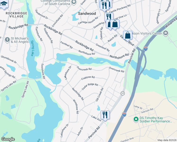 map of restaurants, bars, coffee shops, grocery stores, and more near 3504 Overcreek Road in Columbia