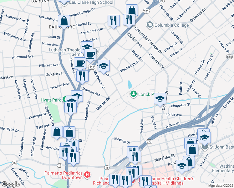 map of restaurants, bars, coffee shops, grocery stores, and more near 4104 Glendon Road in Columbia
