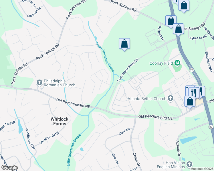 map of restaurants, bars, coffee shops, grocery stores, and more near 997 Pierce Brennen Drive Northeast in Lawrenceville