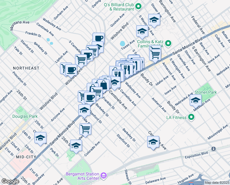 map of restaurants, bars, coffee shops, grocery stores, and more near 1427 Centinela Avenue in Santa Monica