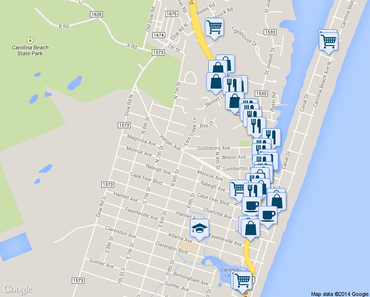 map of restaurants, bars, coffee shops, grocery stores, and more near 516 Goldsboro Avenue in Carolina Beach
