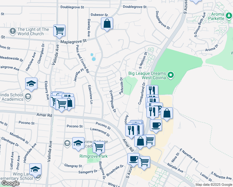 map of restaurants, bars, coffee shops, grocery stores, and more near 1339 Parkside Drive in West Covina