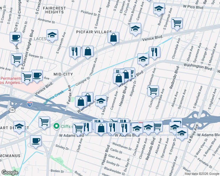 map of restaurants, bars, coffee shops, grocery stores, and more near 2110 South Marvin Avenue in Los Angeles