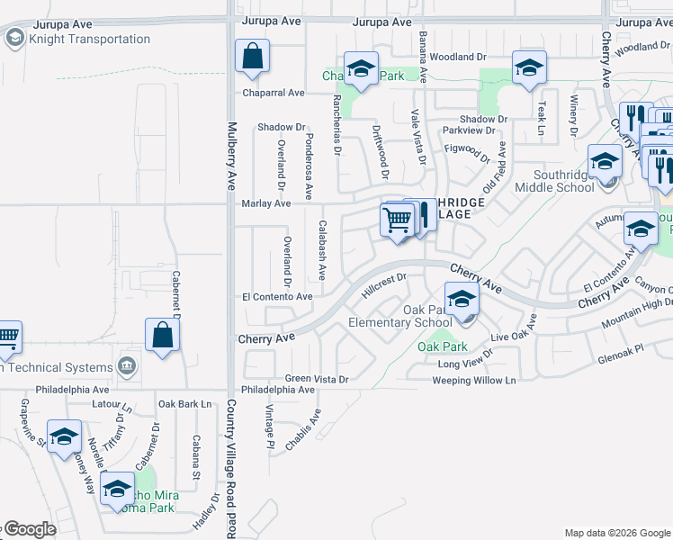 map of restaurants, bars, coffee shops, grocery stores, and more near 11867 Calabash Avenue in Fontana