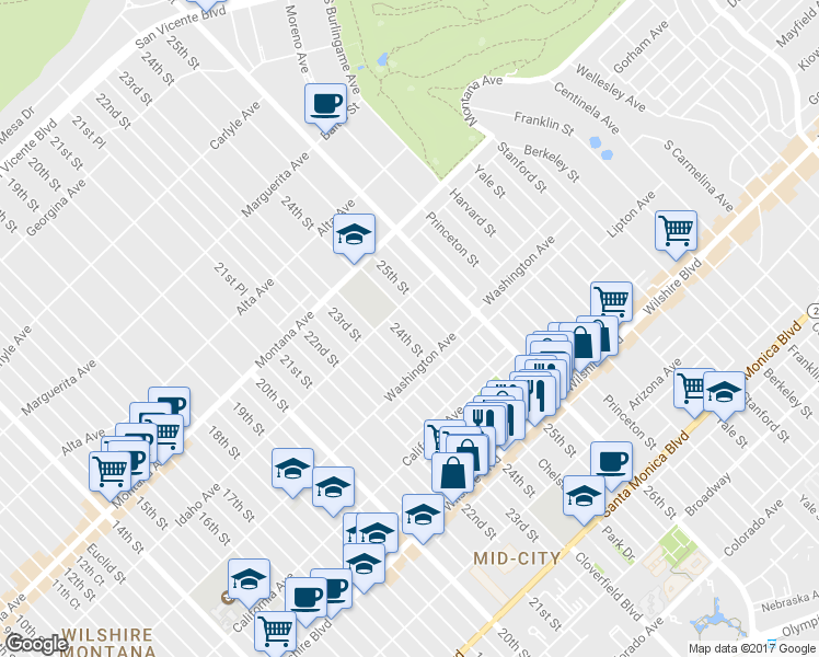 map of restaurants, bars, coffee shops, grocery stores, and more near 921 24th Street in Santa Monica