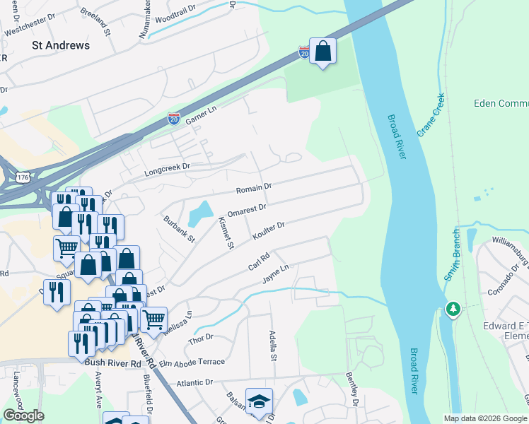 map of restaurants, bars, coffee shops, grocery stores, and more near 1658 Omarest Drive in Columbia