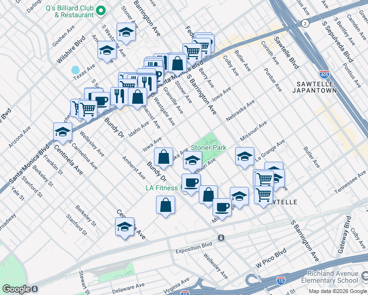 map of restaurants, bars, coffee shops, grocery stores, and more near 11861 Nebraska Avenue in Los Angeles