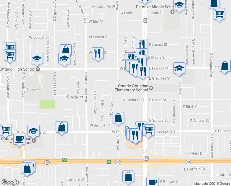 map of restaurants, bars, coffee shops, grocery stores, and more near 1940 South Fern Avenue in Ontario