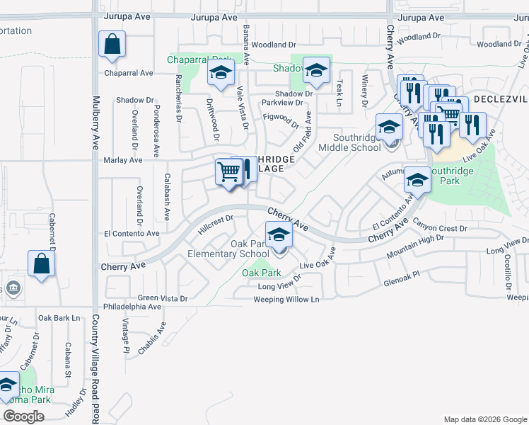 map of restaurants, bars, coffee shops, grocery stores, and more near 14174 Green Vista Drive in Fontana