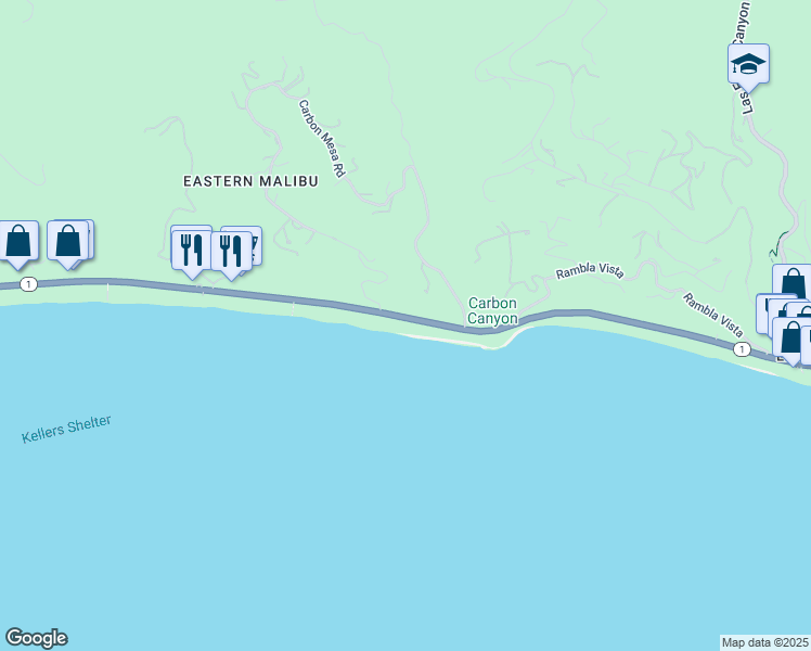 map of restaurants, bars, coffee shops, grocery stores, and more near 21950 Pacific Coast Highway in Malibu