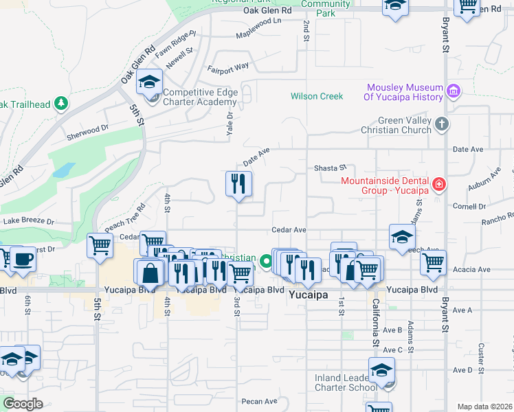 map of restaurants, bars, coffee shops, grocery stores, and more near 34759 Lockwood Drive in Yucaipa