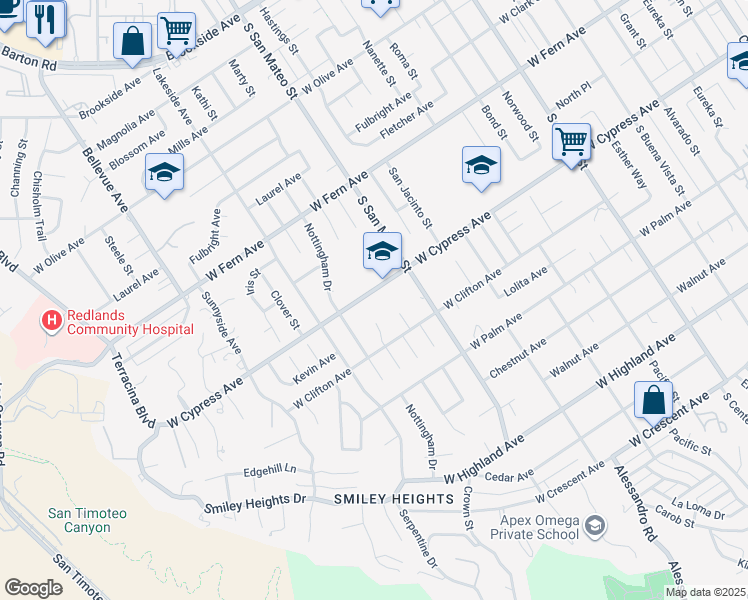 map of restaurants, bars, coffee shops, grocery stores, and more near 1215 West Cypress Avenue in Redlands