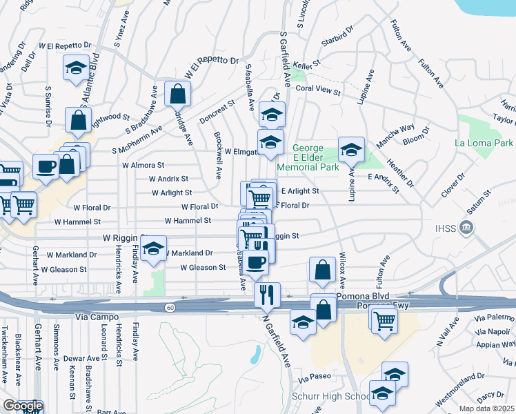 map of restaurants, bars, coffee shops, grocery stores, and more near 2111 South Garfield Avenue in Monterey Park