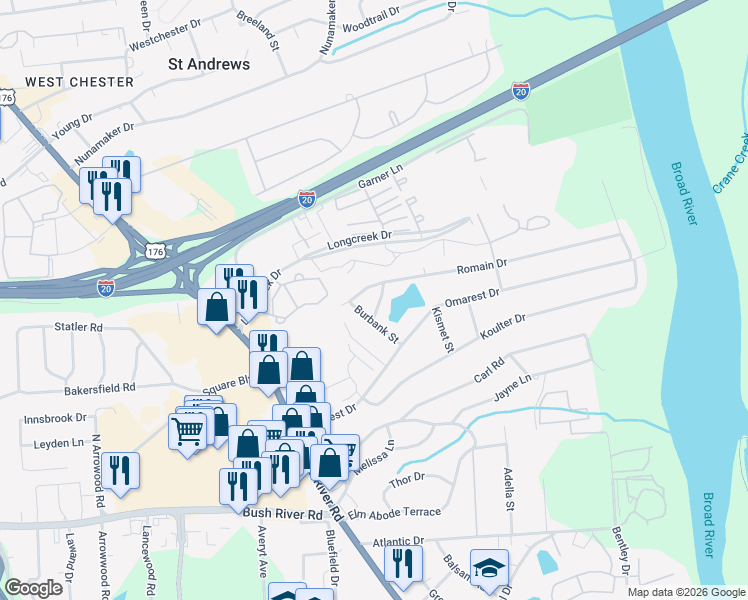 map of restaurants, bars, coffee shops, grocery stores, and more near 254 Burbank Street in Columbia