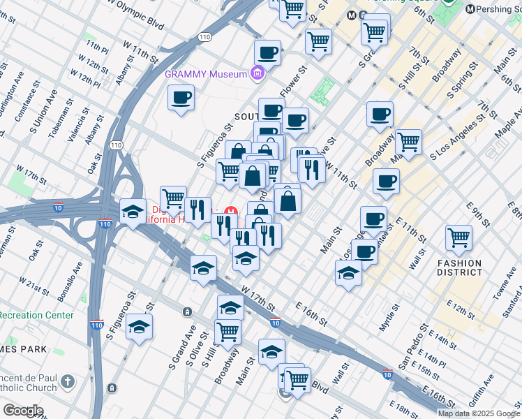 map of restaurants, bars, coffee shops, grocery stores, and more near 1326 South Grand Avenue in Los Angeles