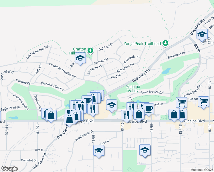 map of restaurants, bars, coffee shops, grocery stores, and more near 11830 Cobblestone Place in Yucaipa
