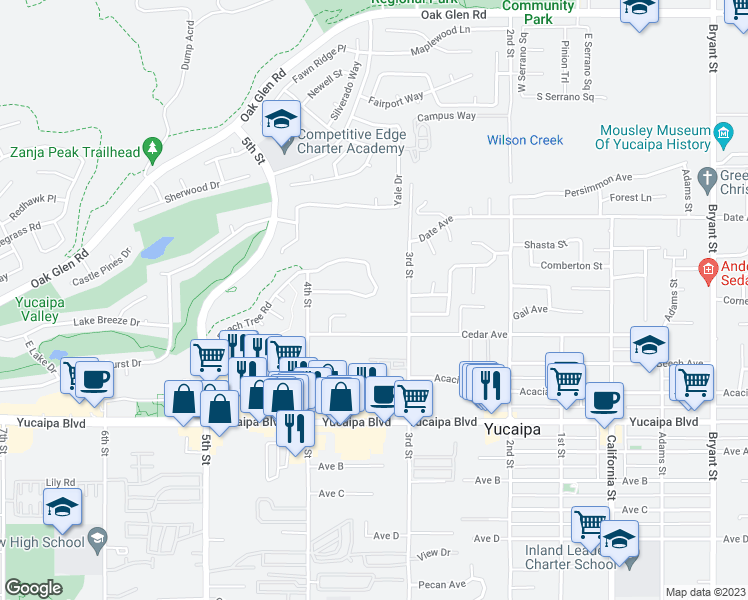map of restaurants, bars, coffee shops, grocery stores, and more near 11823 Peach Tree Circle in Yucaipa