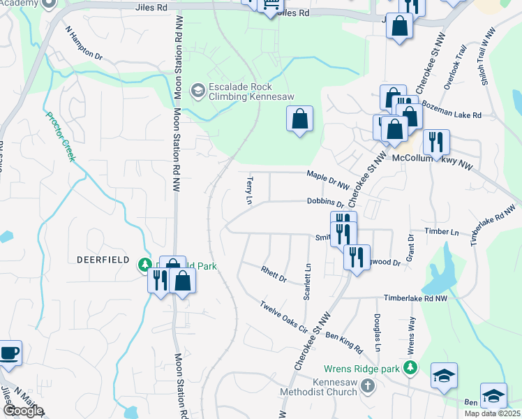 map of restaurants, bars, coffee shops, grocery stores, and more near 2076 Dobbins Drive in Kennesaw