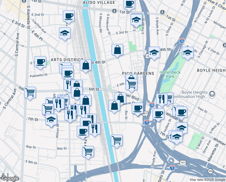 map of restaurants, bars, coffee shops, grocery stores, and more near 4122 Whittier Boulevard in Los Angeles