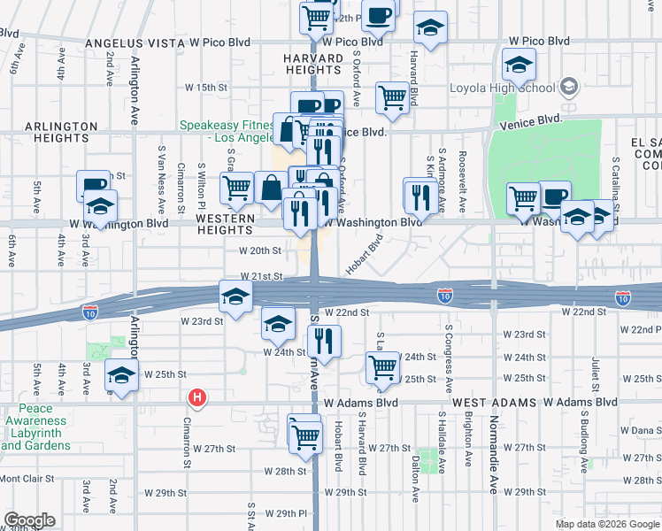 map of restaurants, bars, coffee shops, grocery stores, and more near 2057 South Oxford Avenue in Los Angeles