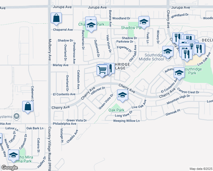 map of restaurants, bars, coffee shops, grocery stores, and more near 14096 Hillcrest Drive in Fontana