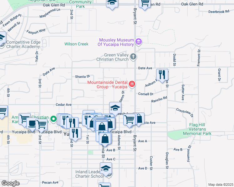 map of restaurants, bars, coffee shops, grocery stores, and more near 11872 Addison Street in Yucaipa