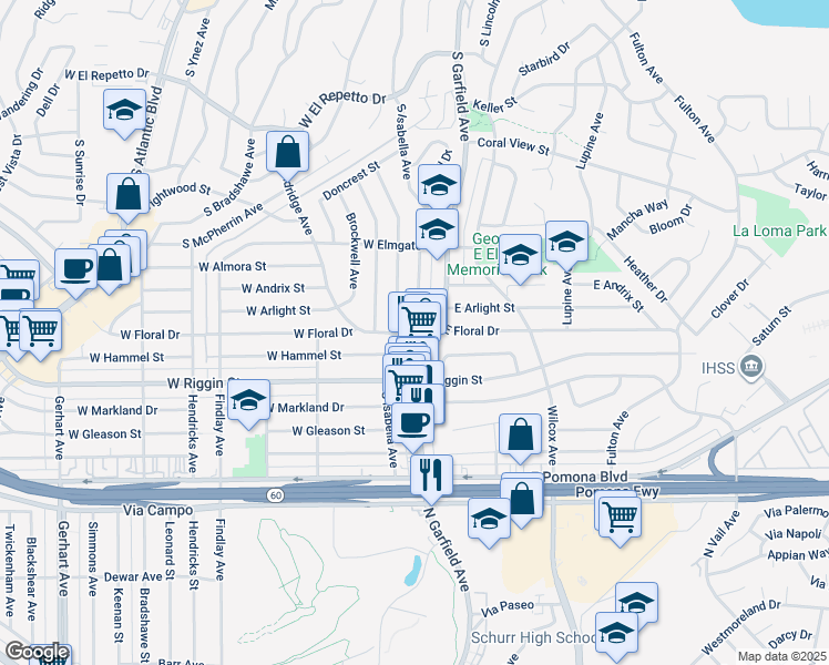 map of restaurants, bars, coffee shops, grocery stores, and more near 2111 South Garfield Avenue in Monterey Park