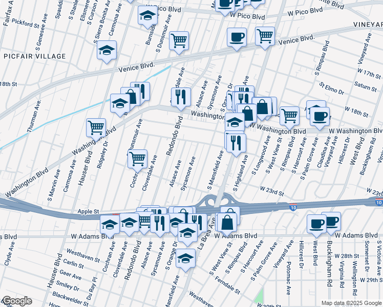 map of restaurants, bars, coffee shops, grocery stores, and more near 2134 South Sycamore Avenue in Los Angeles