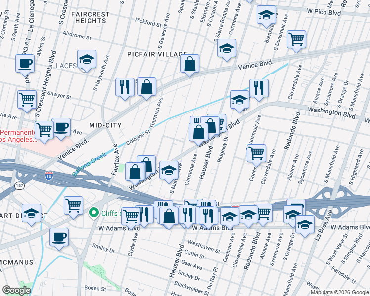 map of restaurants, bars, coffee shops, grocery stores, and more near 2110 South Marvin Avenue in Los Angeles
