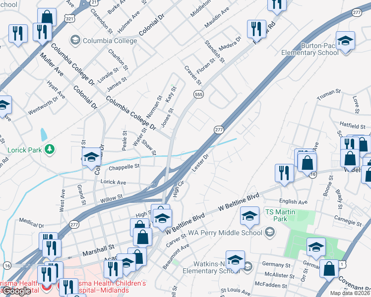 map of restaurants, bars, coffee shops, grocery stores, and more near 31 Bethune Court in Columbia
