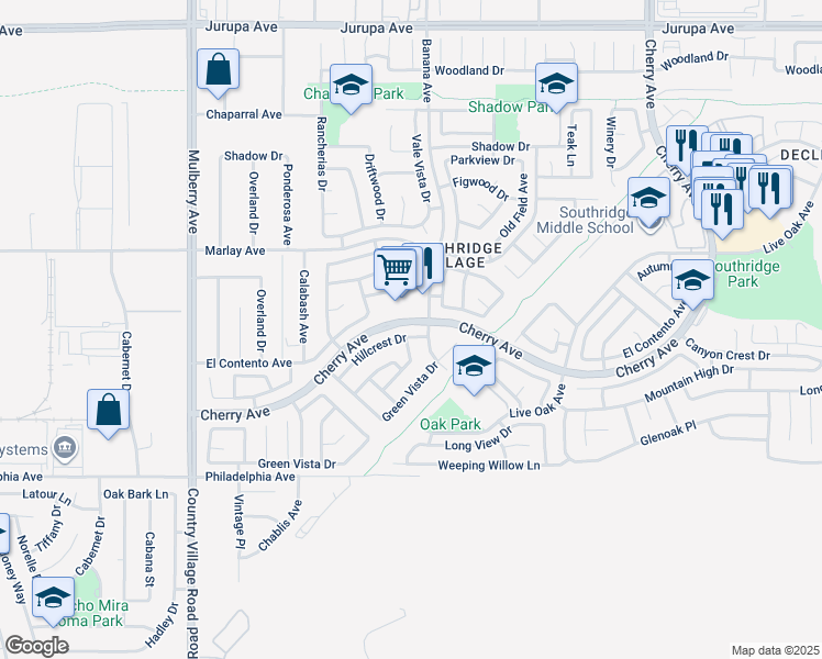 map of restaurants, bars, coffee shops, grocery stores, and more near 14096 Hillcrest Drive in Fontana