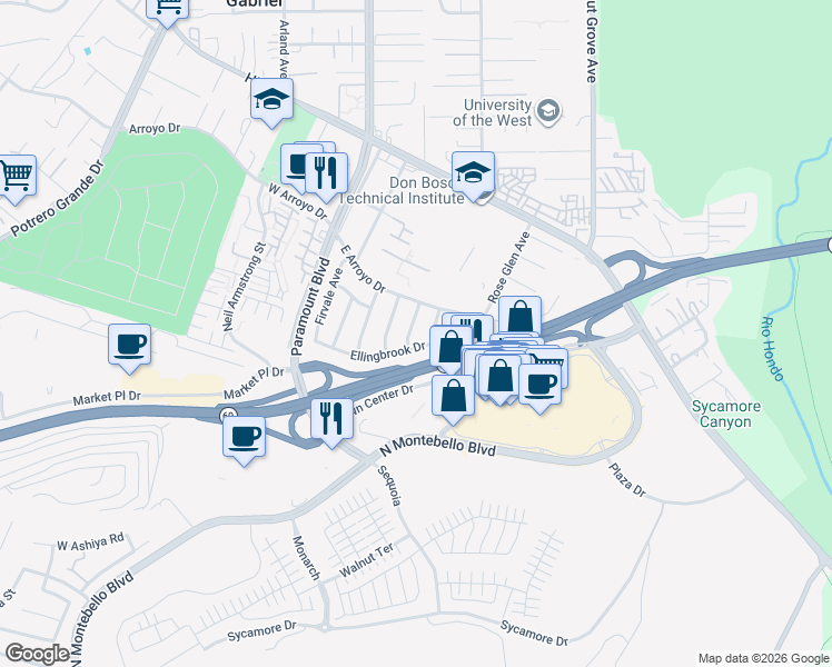 map of restaurants, bars, coffee shops, grocery stores, and more near 1604 North Jerseydale Avenue in Montebello