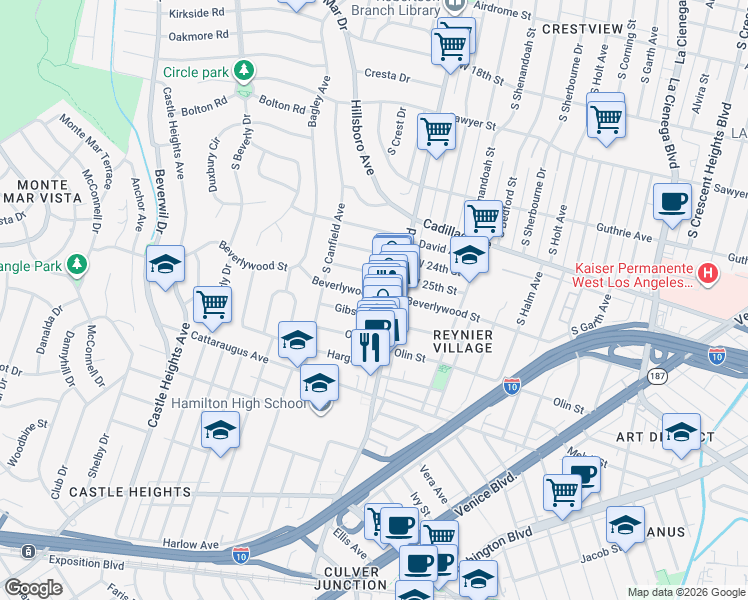 map of restaurants, bars, coffee shops, grocery stores, and more near 9022 Beverlywood Street in Los Angeles