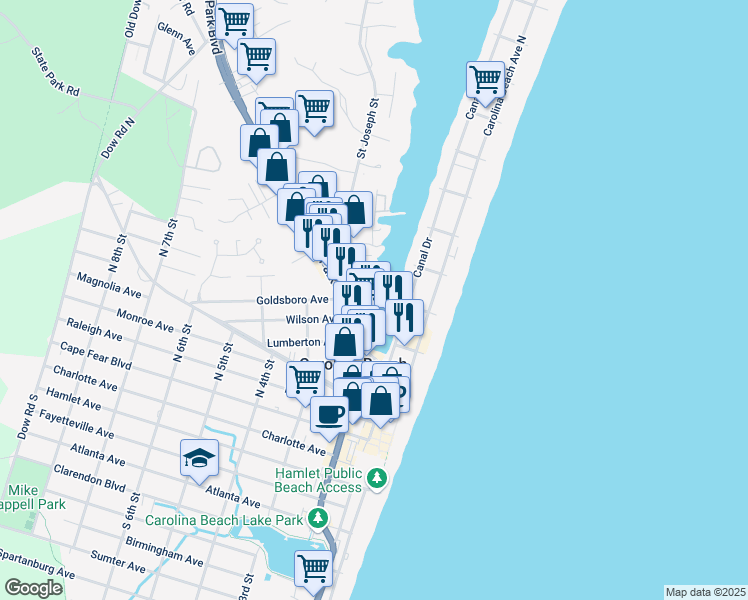 map of restaurants, bars, coffee shops, grocery stores, and more near 500 Saint Joseph Street in Carolina Beach