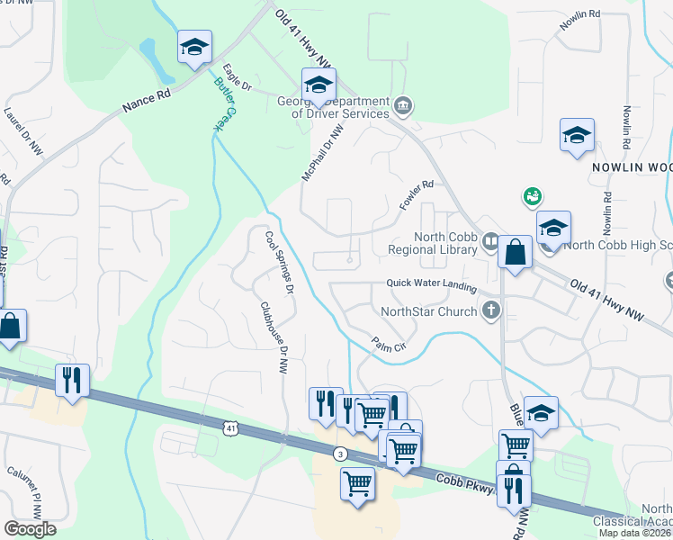 map of restaurants, bars, coffee shops, grocery stores, and more near 3780 Town Square Circle in Kennesaw