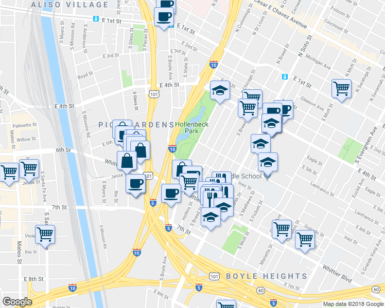 map of restaurants, bars, coffee shops, grocery stores, and more near 630 S St Louis St in Los Angeles