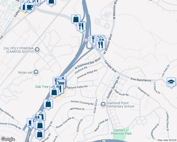 map of restaurants, bars, coffee shops, grocery stores, and more near 1097 Overlook Ridge Road in Diamond Bar