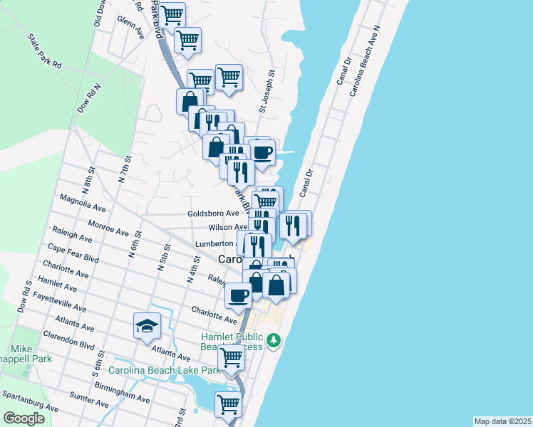 map of restaurants, bars, coffee shops, grocery stores, and more near 500 Saint Joseph Street in Carolina Beach
