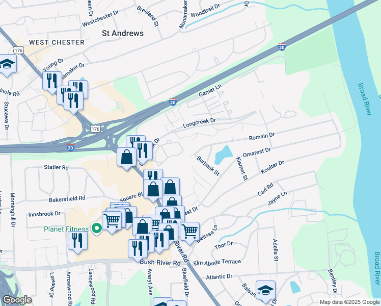 map of restaurants, bars, coffee shops, grocery stores, and more near 269 Burbank Street in Columbia