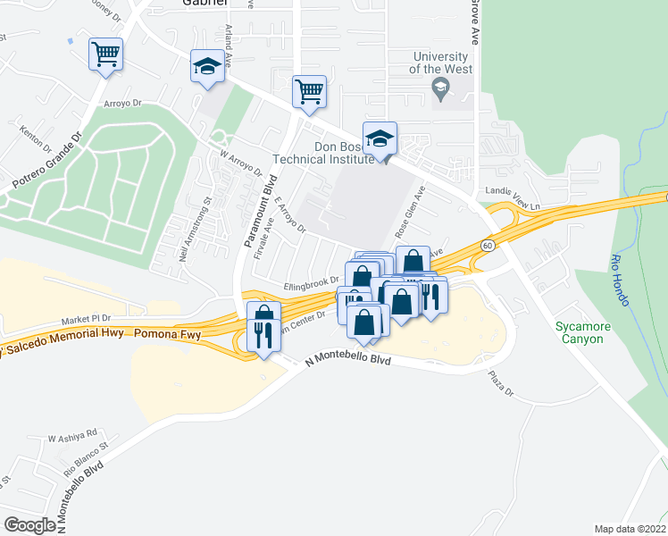 map of restaurants, bars, coffee shops, grocery stores, and more near 1604 North Jerseydale Avenue in Montebello