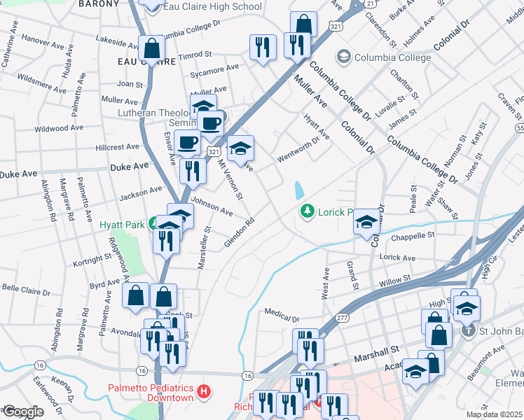 map of restaurants, bars, coffee shops, grocery stores, and more near 4104 Glendon Road in Columbia