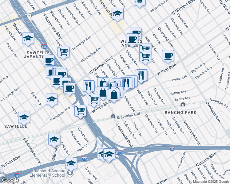 map of restaurants, bars, coffee shops, grocery stores, and more near 2357 Camden Avenue in Los Angeles