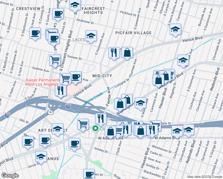map of restaurants, bars, coffee shops, grocery stores, and more near 2218 South Genesee Avenue in Los Angeles