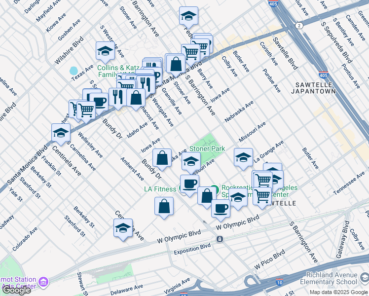map of restaurants, bars, coffee shops, grocery stores, and more near 11855 Nebraska Avenue in Los Angeles