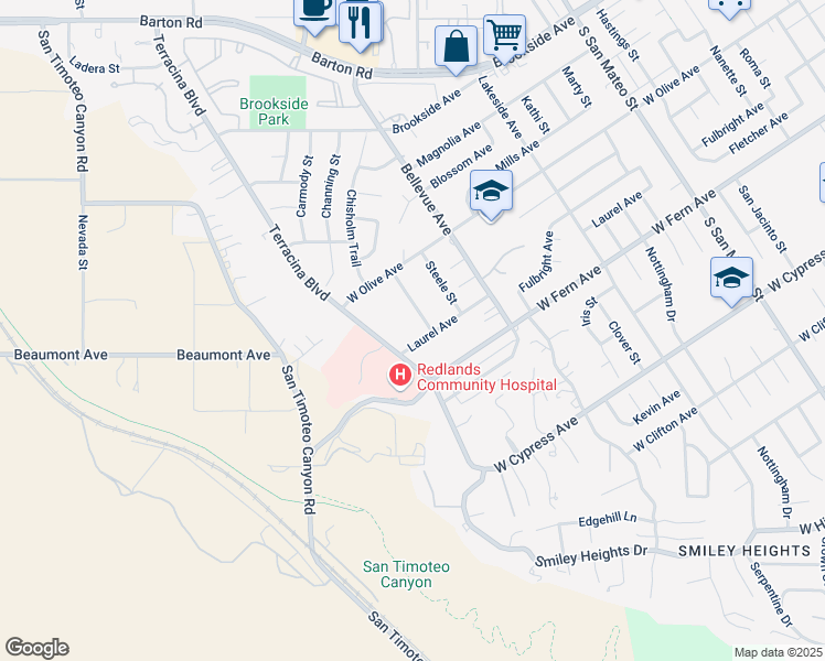 map of restaurants, bars, coffee shops, grocery stores, and more near 1620 Laurel Avenue in Redlands