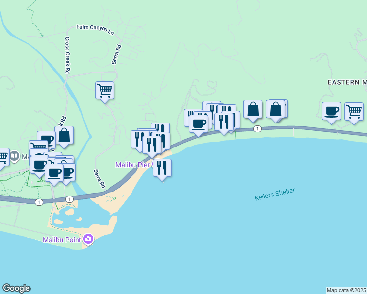 map of restaurants, bars, coffee shops, grocery stores, and more near 22860 Pacific Coast Highway in Malibu