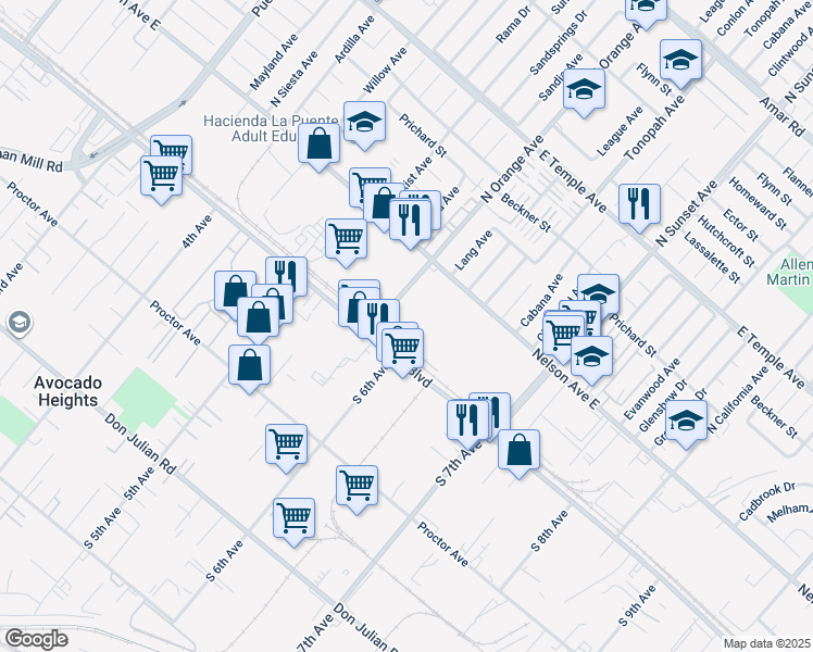 map of restaurants, bars, coffee shops, grocery stores, and more near 140 North Orange Avenue in City of Industry