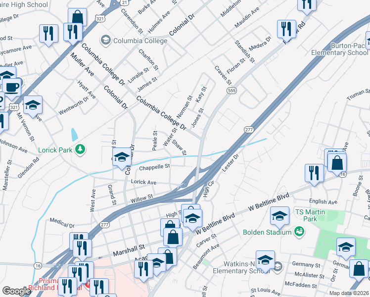 map of restaurants, bars, coffee shops, grocery stores, and more near 3828 Shaw Street in Columbia