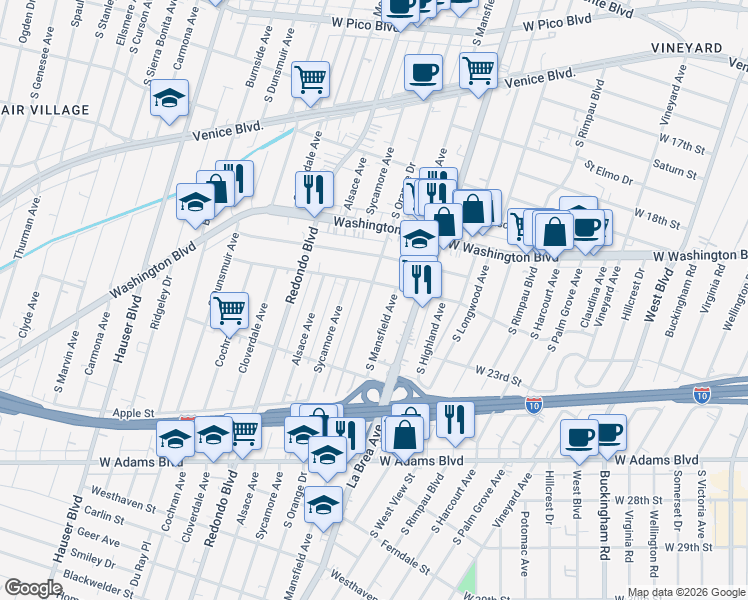 map of restaurants, bars, coffee shops, grocery stores, and more near 2116 South Orange Drive in Los Angeles